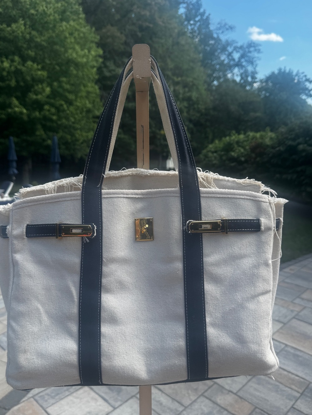 Canvas Boatkin Belted Tote Bag Cream Blue Trim Raw Edge Satchel Viral bag